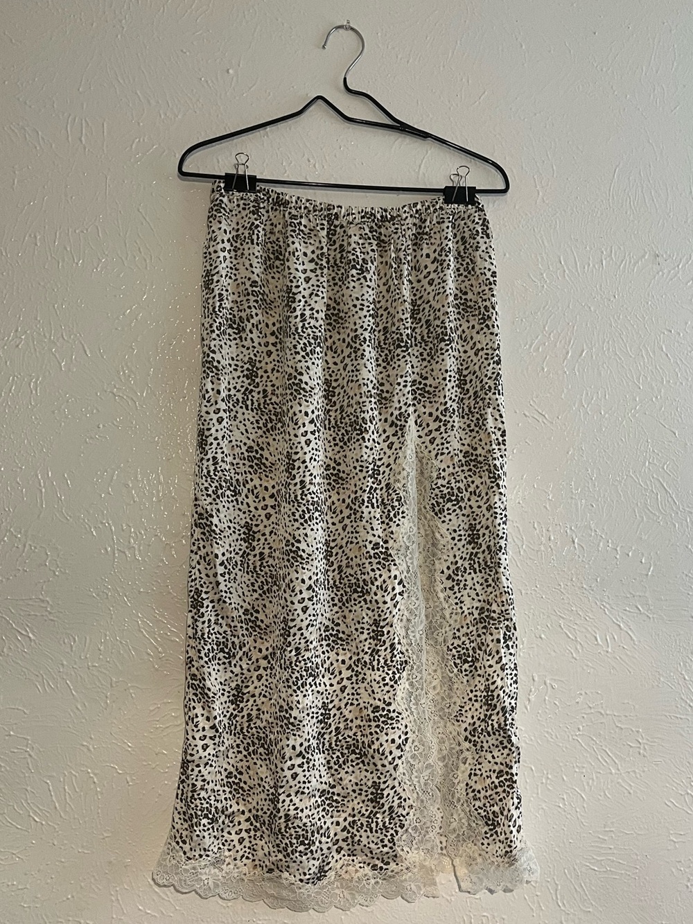 aerie Neutral Leopard Print Midi Slip Skirt with Lace Hem